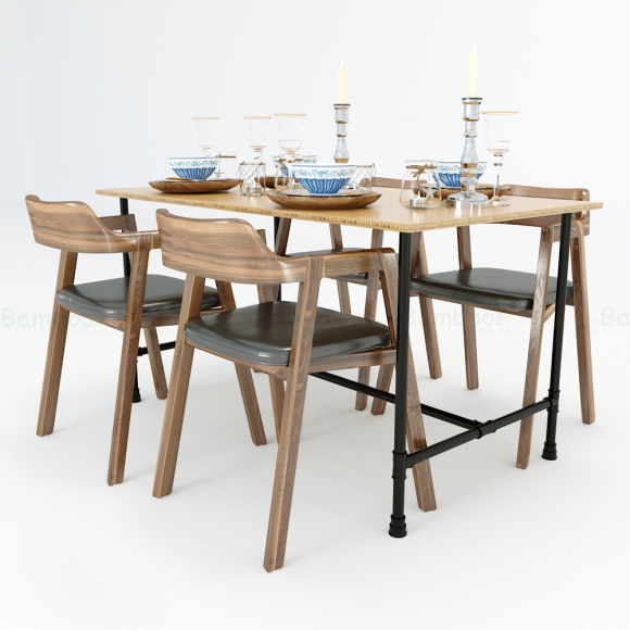 BFBA003 - Bàn ăn gỗ tre 80x140cm chân ống nước