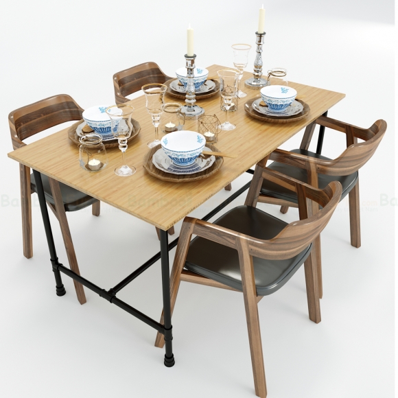 BFBA003 - Bàn ăn gỗ tre 80x140cm chân ống nước