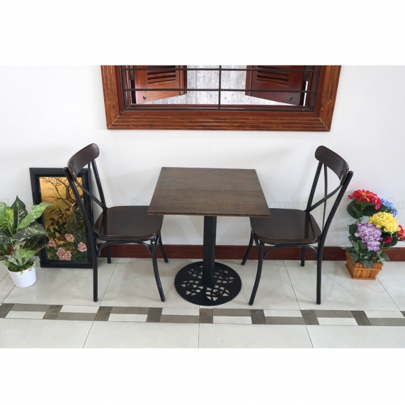 BFCBCF006 - Combo bàn CAFEBAMBOO chân sắt hoa văn và ghế lưng sắt màu nâu