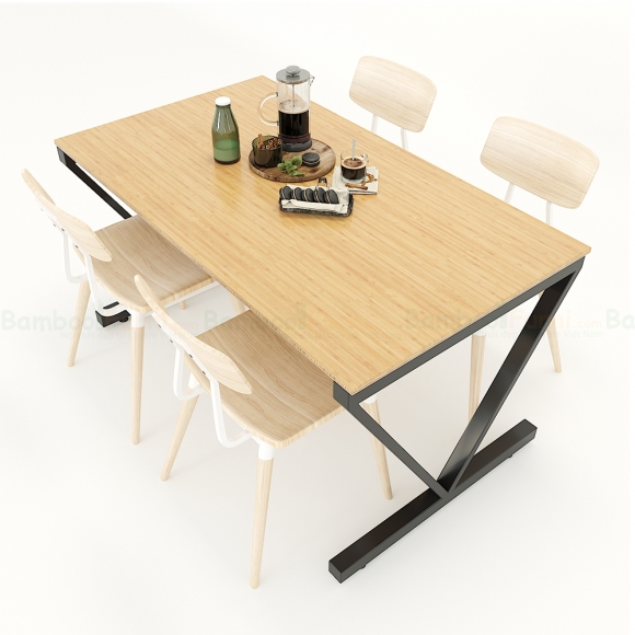 BFBA018 - Bàn ăn gỗ tre chân sắt chữ V 140x80cm