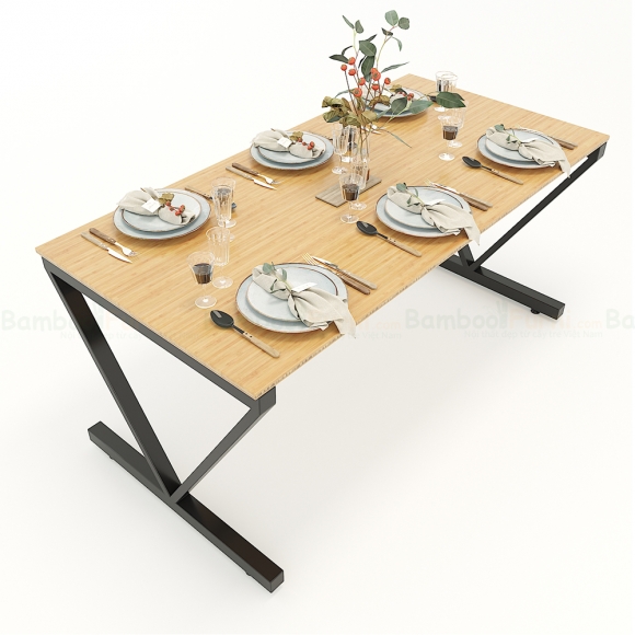 BFBA017 - Bàn ăn gỗ tre chân sắt chữ V 160x80cm