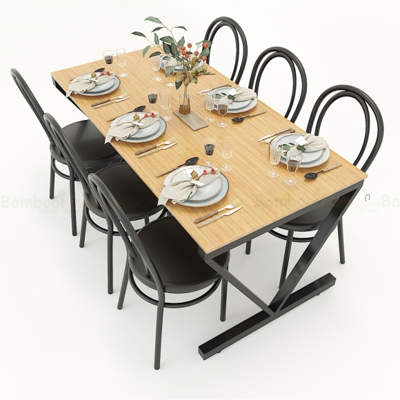 BFBA017 - Bàn ăn gỗ tre chân sắt chữ V 160x80cm